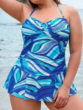 Bikini Bay Blue Wave Print One Piece Swimdress Tummy Control Halter Plus Size 16